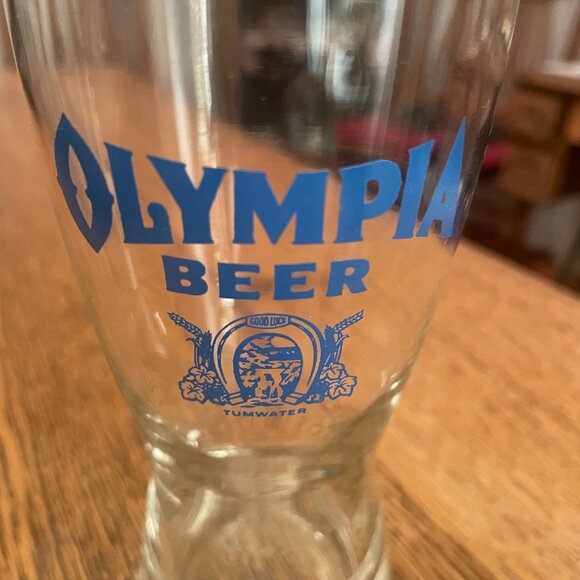 Vintage Olympia Beer Blue Horseshoe Logo Beer Glass 5 1/2 Inches Tall - Picture 2 of 5
